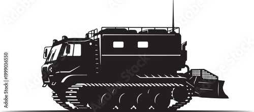 Heavy duty bulldozer, industrial construction vehicle, black silhouette, tank tracks, heavy equipment