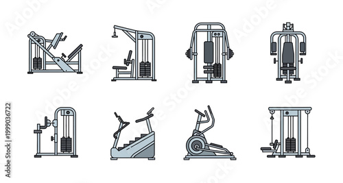 fitness equipment icons in minimalist style on transparent background