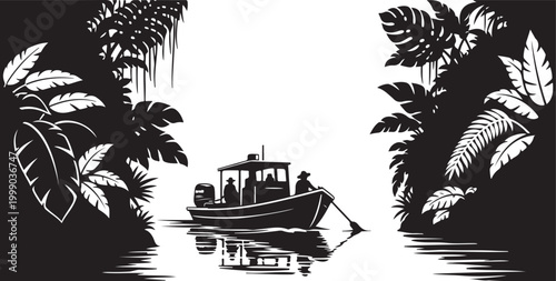 Tropical boat, jungle foliage, black and white vector, illustration, boat in water, exotic landscape