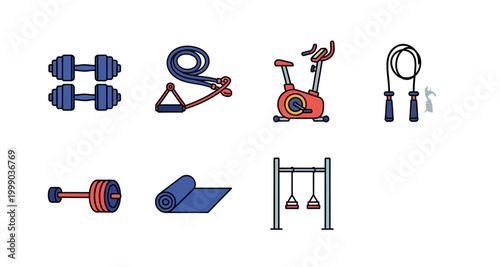 fitness equipment icons set on transparent background