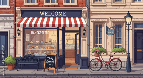 Welcome to the charming bakery storefront with a red bicycle and striped awning outside