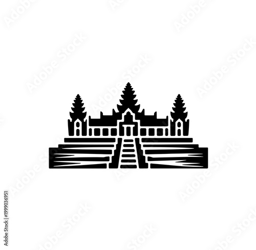 Building simple flat black and white icon logo, reminiscent of Angkor Wat, Historic World Flat Minimalist B&W.
