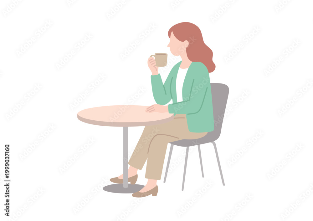 Fototapeta premium カフェテーブルで椅子に座りコーヒーを飲む女性のイラスト リラックス