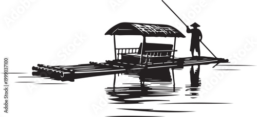 Black silhouette of man on raft, punting, wooden shelter, watercraft, isolated