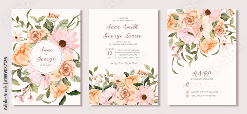 wedding invitation set with pink peach floral watercolor background