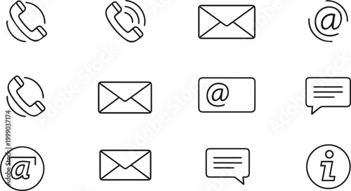 Minimalist contact icons set, thin line communication symbols for web design, 12 black outline vector elements for business support and customer service