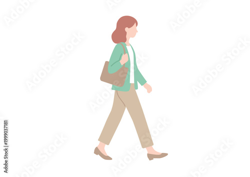 バッグを持って横を向いて歩く女性のイラスト 全身 通勤 ビジネス
