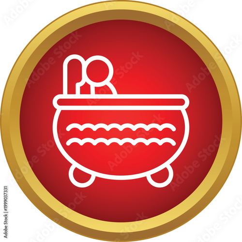 Person bathing in a bathtub with water inside a red and gold circular icon