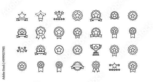 Premium star line icon set with rating award trophy and quality symbols minimalist vector collection