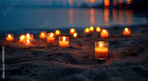 Numerous glowing votive candles illuminate a sandy beach at twilight with blurred city lights