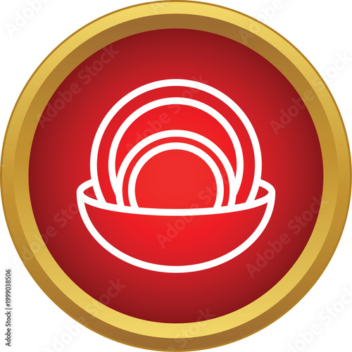 White line art dishes stacking inside a bowl on a red and gold circular background