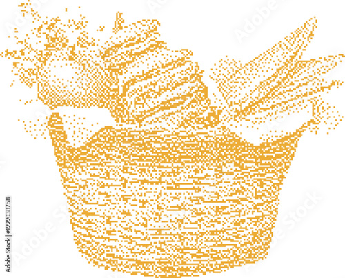 Generous woven basket filled with baked goods and fruits during a warm golden hour