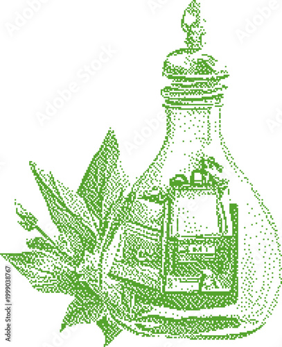 Green herbal extract in vintage glass bottle with leaves and floral buds during natural light