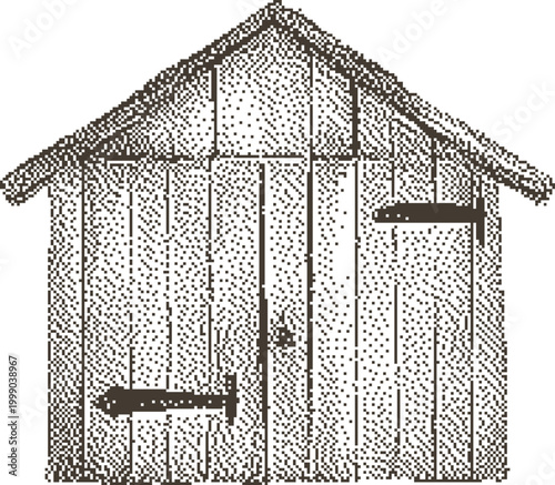 Rustic wooden shed with hinged doors in a vintage linocut style