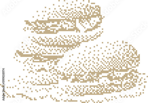 Stacked gourmet burgers with fresh ingredients in a minimalist pixel art style