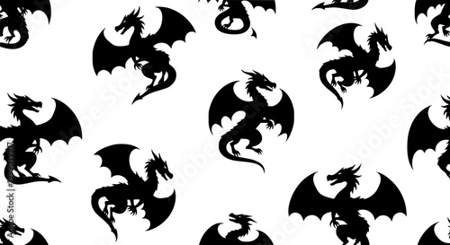 Seamless pattern of black mythical dragon silhouettes on white background