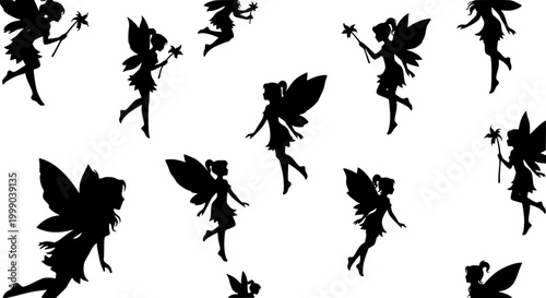 Set of Black Fairy Silhouettes Flying with Magic Wands on White Background