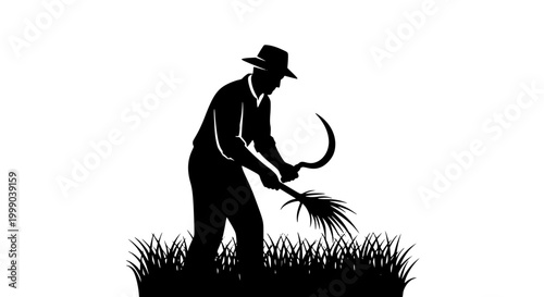 Silhouette of a Farmer Harvesting Crops with a Sickle in a Field