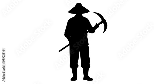 Silhouette of an Asian Farmer Wearing a Conical Hat and Holding a Pickaxe