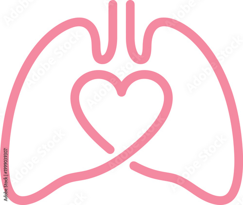Minimalist Pink Lungs and Heart Line Art Icon - Medical Illustration for Healthcare, Wellness, and Respiratory Health Awareness.eps