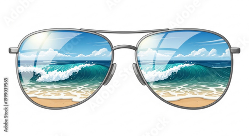 Sunglasses reflecting ocean waves on beach with blue sky and white clouds on sunny day