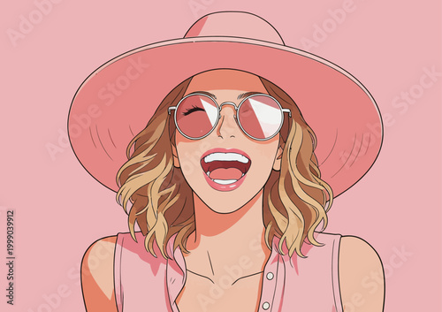 Cheerful woman in pink summer outfit laughing happily
