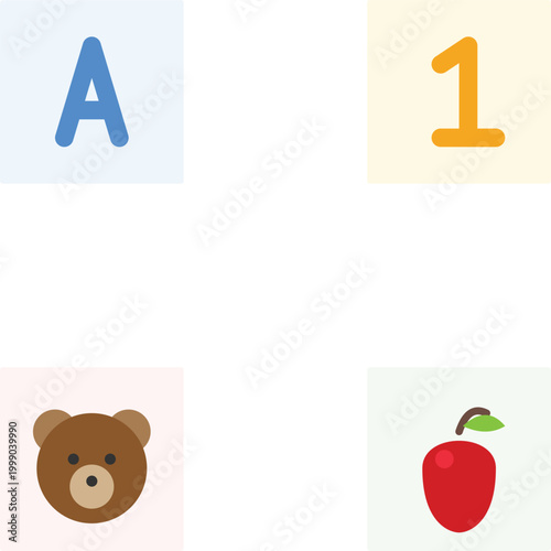 Kids Learning Education Icon Set with Alphabet Letter A, Number 1, Bear and Apple Illustrations, Preschool Early Childhood Development Symbols
