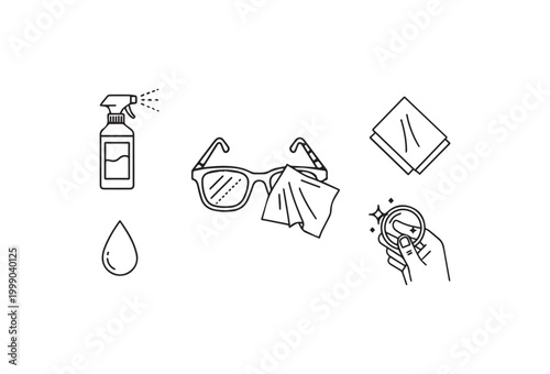Cleaning supplies, protective gear, vector icons, spray bottle, gloves, goggles