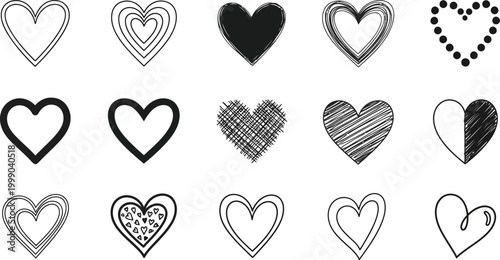 Heart Icon Set Collection - Diverse Hand-Drawn and Minimalist Love Symbols for Valentine's Day, Wedding, and Romantic Graphic Design.eps