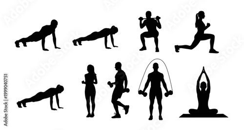 fitness exercise silhouettes on transparent background high quality