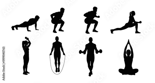 fitness exercise silhouettes on transparent background high quality
