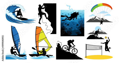 collection of adventure sports silhouettes on transparent background