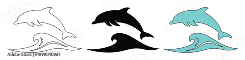 Obraz na płótnie Minimalist dolphin jumping over ocean wave vector set, black silhouette and blue