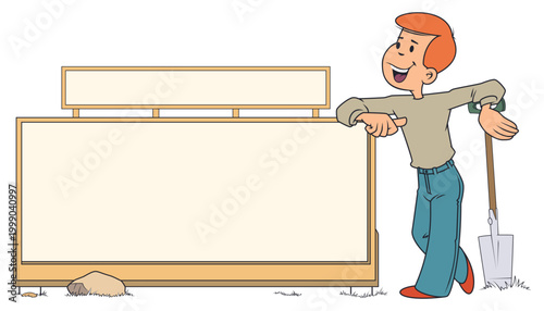 Cartoon man leaning on poster.