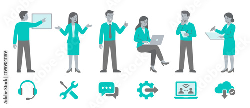 Business People Characters Set with Corporate Icons for Office Presentations and Digital Communication Concepts, Professional Team Members Working Together with Technology Symbols, Vector Illustration