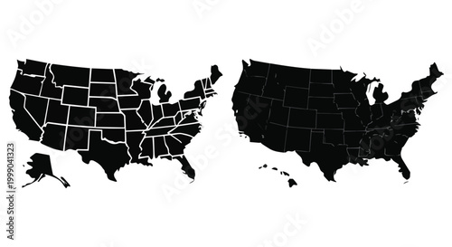 United States Map Silhouette with State Borders and Solid Fill Contrasting