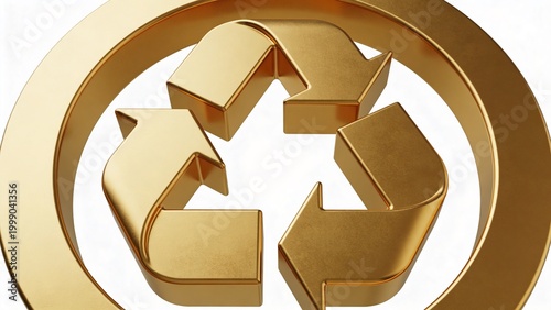  features a stylized, three-dimensional recycling symbol composed of three interlocking arrows. Each arrow is rendered in a metallic gold color, giving the symbol a sleek and modern appearance. The ar