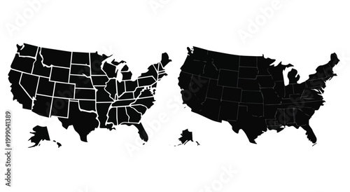 United States map silhouette with states outlined and filled in against white background