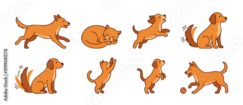 Cute Dog and Cat Vector Icons Set, Happy Pets in Various Actions and Poses for Pet Shop Design, Minimalist Flat Illustration Collection of Playful Animals and Domestic Animal Behavior Elements
