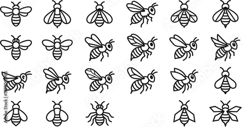 Bee insect outline icons collection featuring various flying and resting honeybees in a simple, modern doodle style.