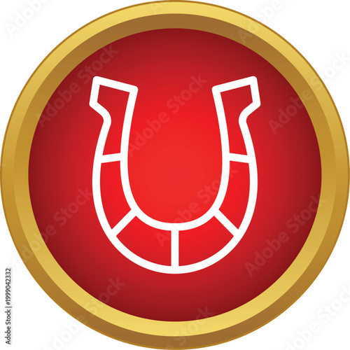 Horseshoe symbol representing good luck and fortune on a golden edged red button