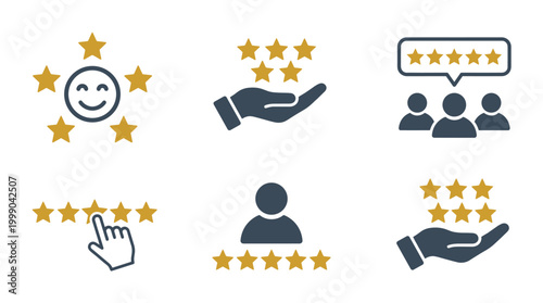 Customer feedback business icon collection in a flat vector style, quality service, user experience, ratings, and satisfaction.