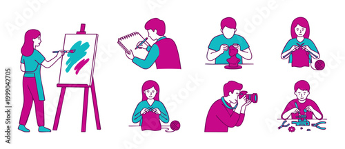 People Hobbies Set, Creative Artistic Activities Illustration, Painting Drawing Knitting Sculpting Photography DIY Crafts, Flat Linear Characters Doing Creative Work, Isolated On White Background Conc