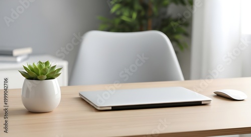 Minimalist workspace laptop plant and modern chair in a bright room
