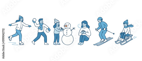Winter activities people set, illustration of ice skating, snowball fight, building snowman, skiing and sledding in blue minimalist flat style for seasonal outdoor recreation and holiday leisure desig