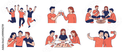 Friends hanging out together set, happy people group activities, friendship lifestyle illustration, eating pizza, playing board games, cheering with drinks, taking group selfies, modern flat vector ar