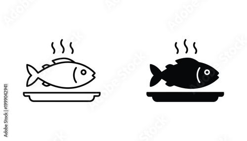 Steaming fresh fish served on dining plate flat design icon set for restaurant menu and seafood kitchen branding graphics