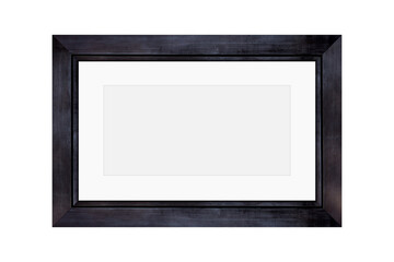 Black wooden rectangular picture frame isolated on white background. Photo frame