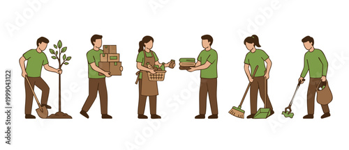 Volunteers helping community characters illustration, eco friendly green people performing charity work, planting tree and recycling waste, social responsibility concept, flat vector icon set isolated