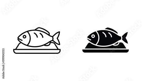 Fresh fish served on a platter illustrated as simple line art and solid black vector icons for culinary and restaurant branding